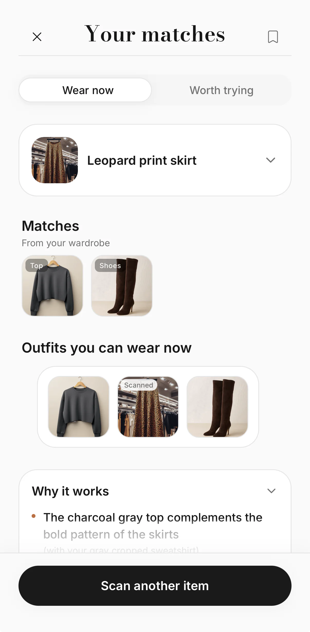 Match results screen in Scan & Match